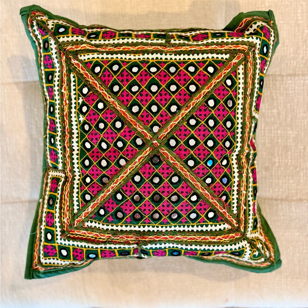 Eyes of India Handmade Embroidered Boho Pillow